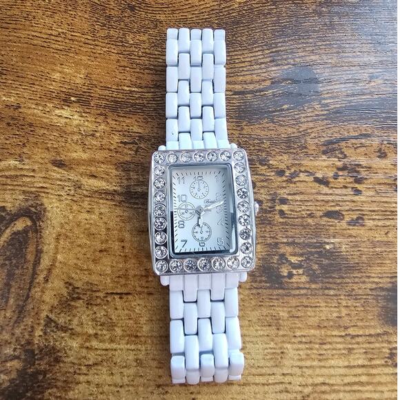 Vintage Y2K Breda Womens White Chainlink Watch Rhinestone Rectangular Face - Picture 1 of 4